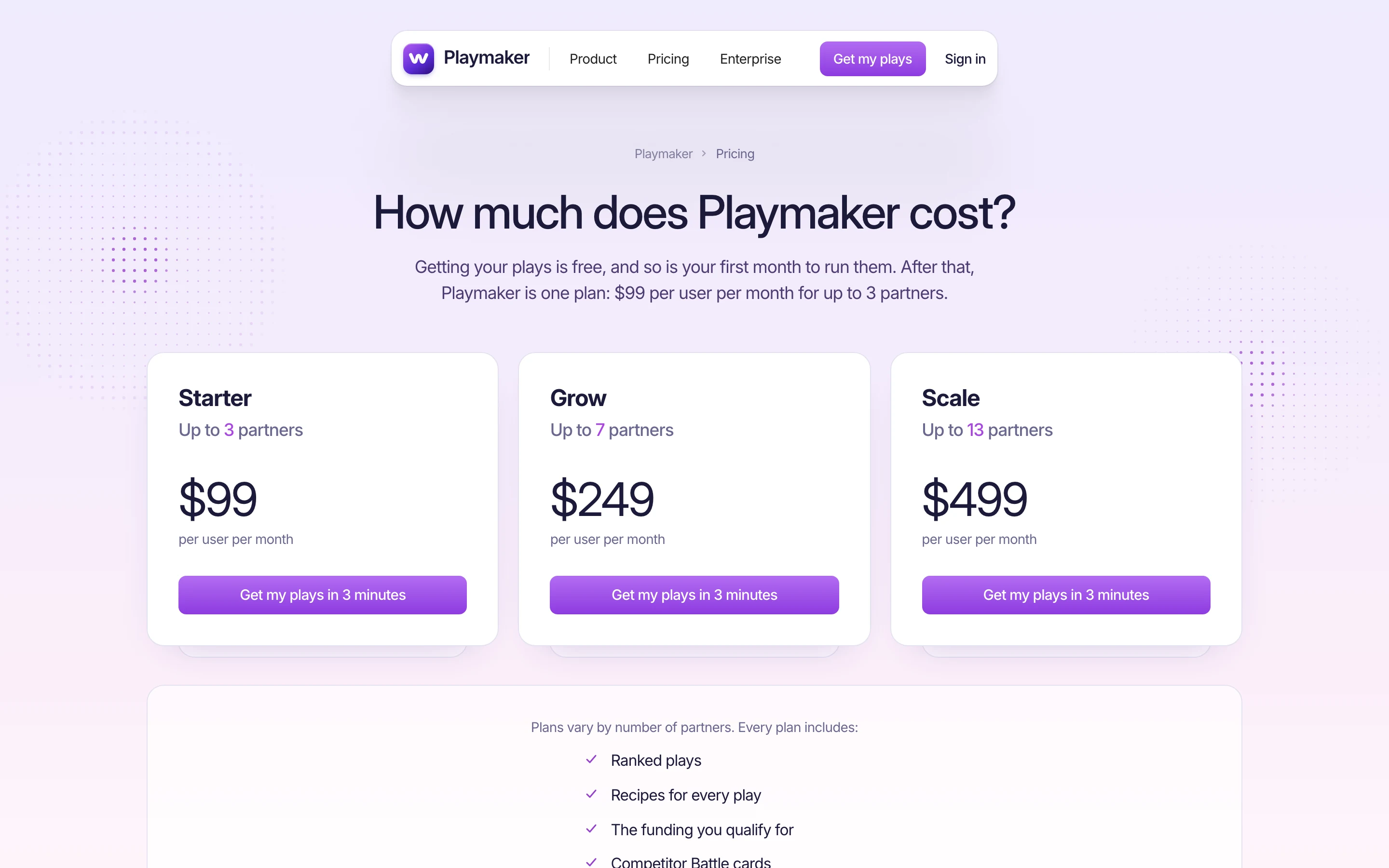The Playmaker pricing page: Starter, Grow and Scale plans