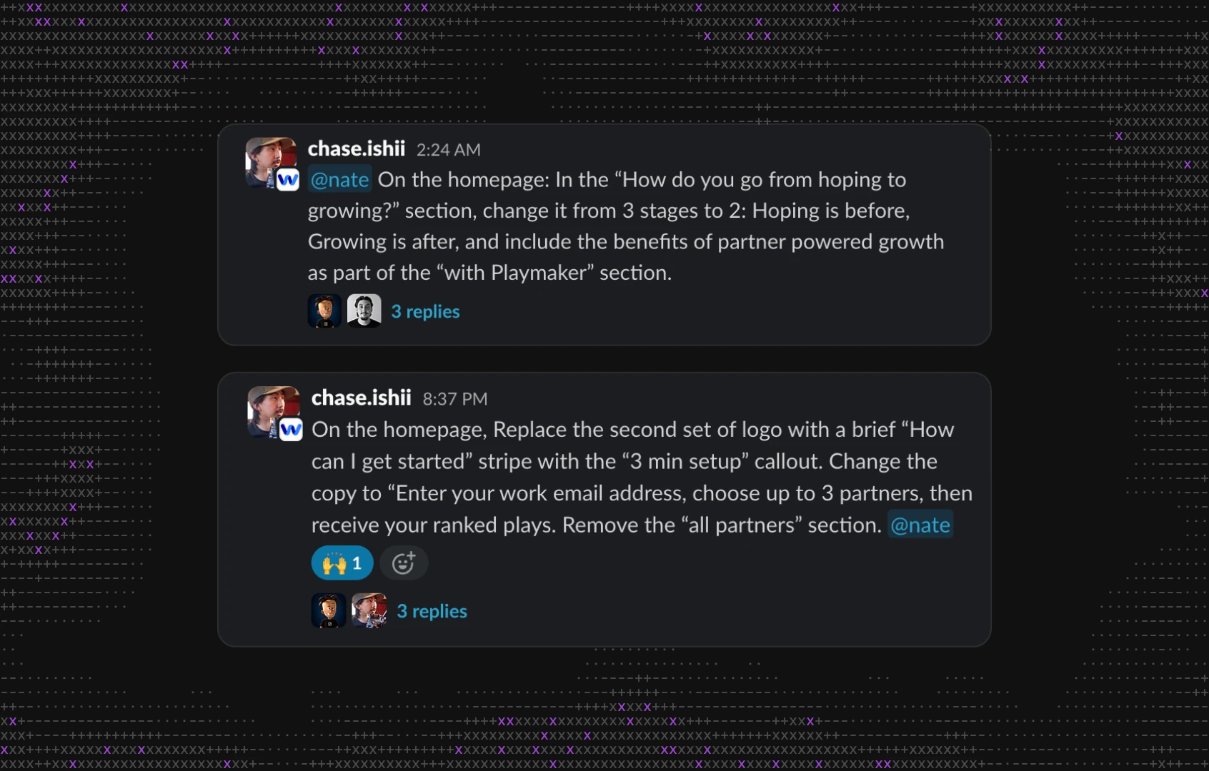 Two Slack messages from WorkSpan to the agent: change the hoping to growing section from three stages to two, and replace a logo strip on the homepage with a short How can I get started stripe